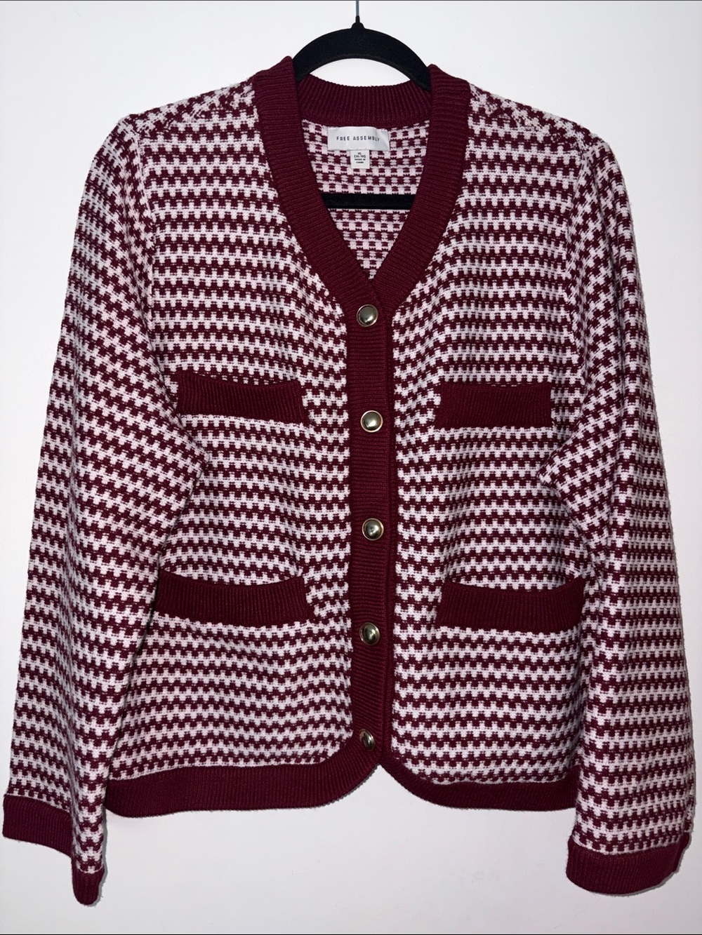 Checked Burgundy and White Knit Cardigan